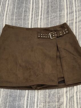 Love Tree Brown Suede-Look Mini Skort with Studded Buckle Accent